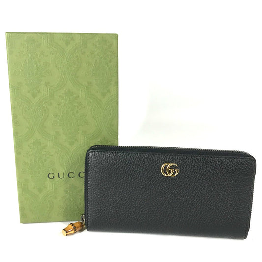 GUCCI Long Wallet Purse 739499 leather Navy GG Marmont Bamboo Zip Around Women Used