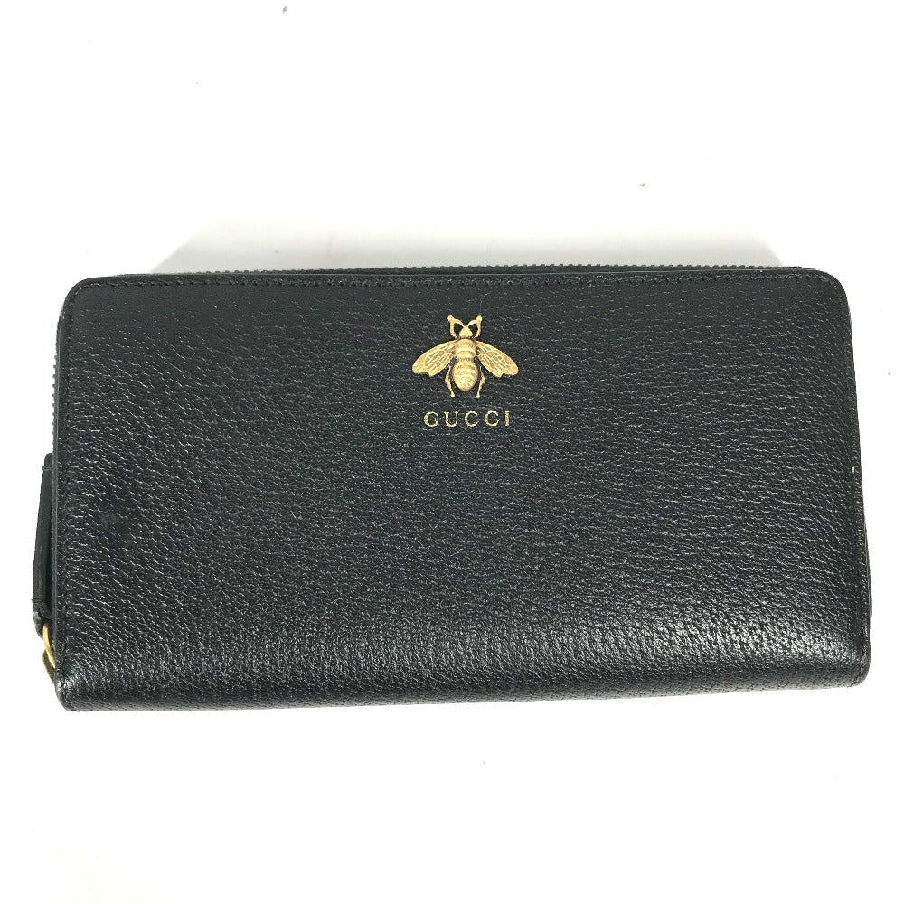 GUCCI Long Wallet Purse 523667 leather black BEE Zip Around Women Secondhand