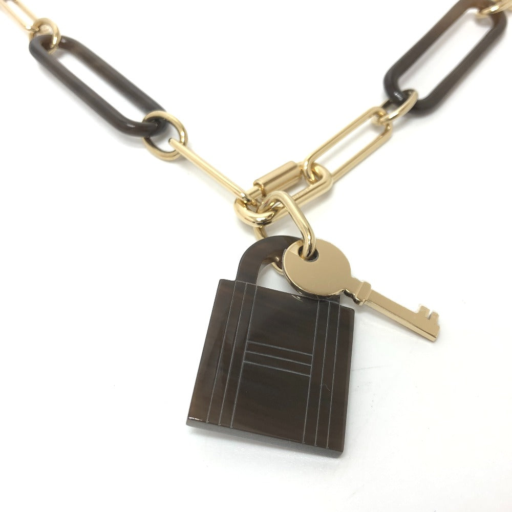 HERMES Necklace Gold Plated, Buffalo Leather Brown Amulet Padlock GM Women Used