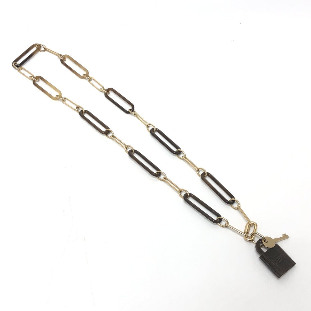 HERMES Necklace Gold Plated, Buffalo Leather Brown Amulet Padlock GM Women Used