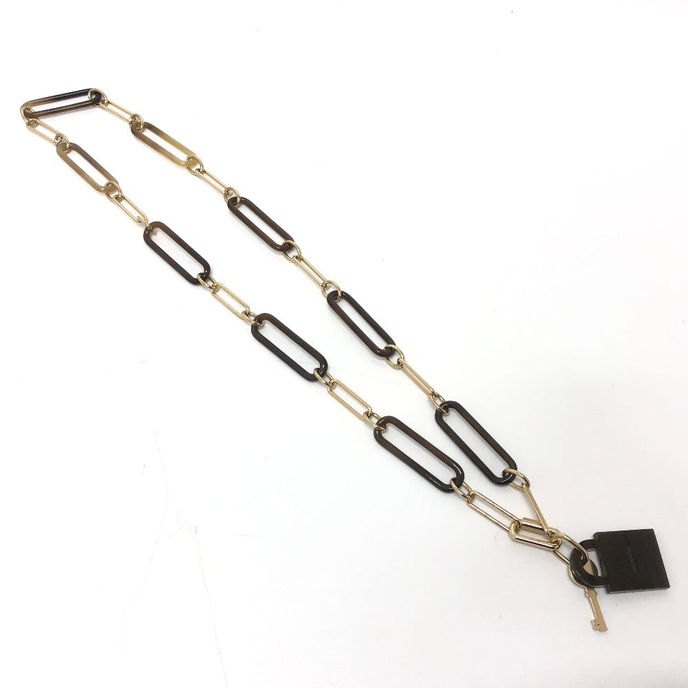 HERMES Necklace Gold Plated, Buffalo Leather Brown Amulet Padlock GM Women Used