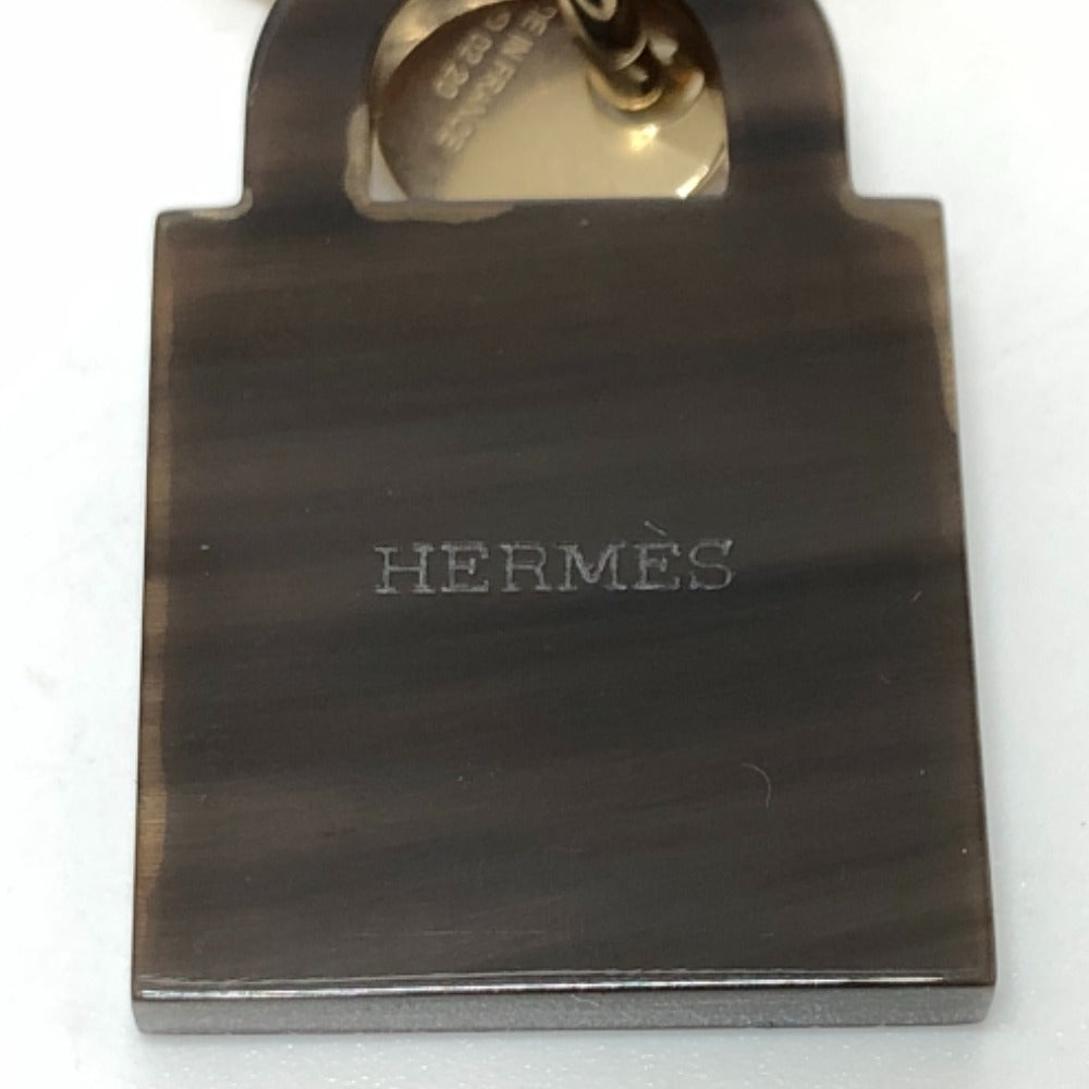 HERMES Necklace Gold Plated, Buffalo Leather Brown Amulet Padlock GM Women Used