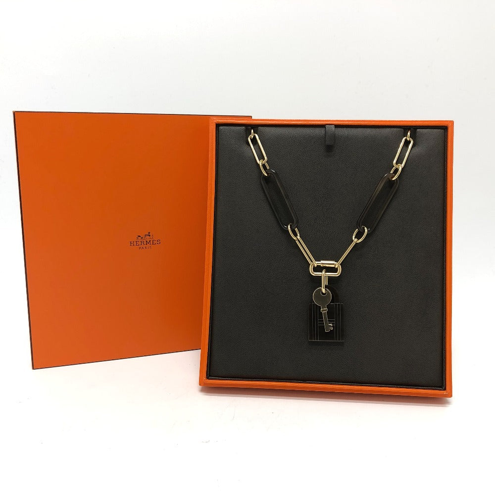HERMES Necklace Gold Plated, Buffalo Leather Brown Amulet Padlock GM Women Used