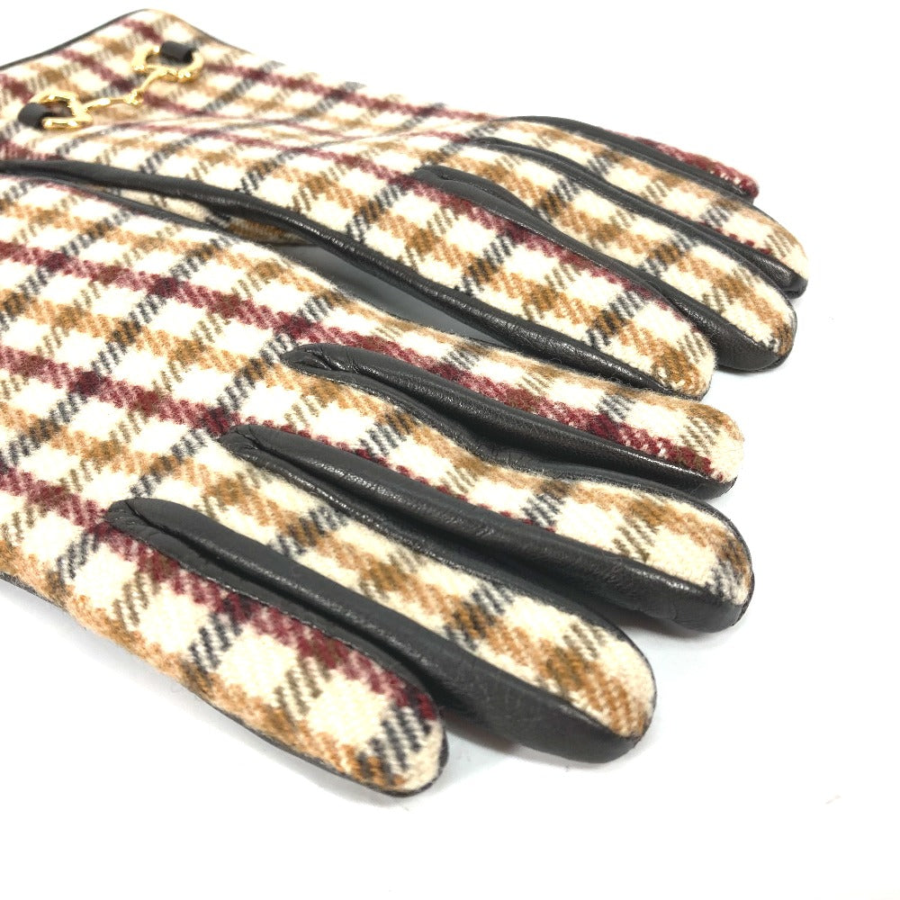 GUCCI Glove 603635 Wool/Cashmere, Leather Brown check Horsebit 7 S