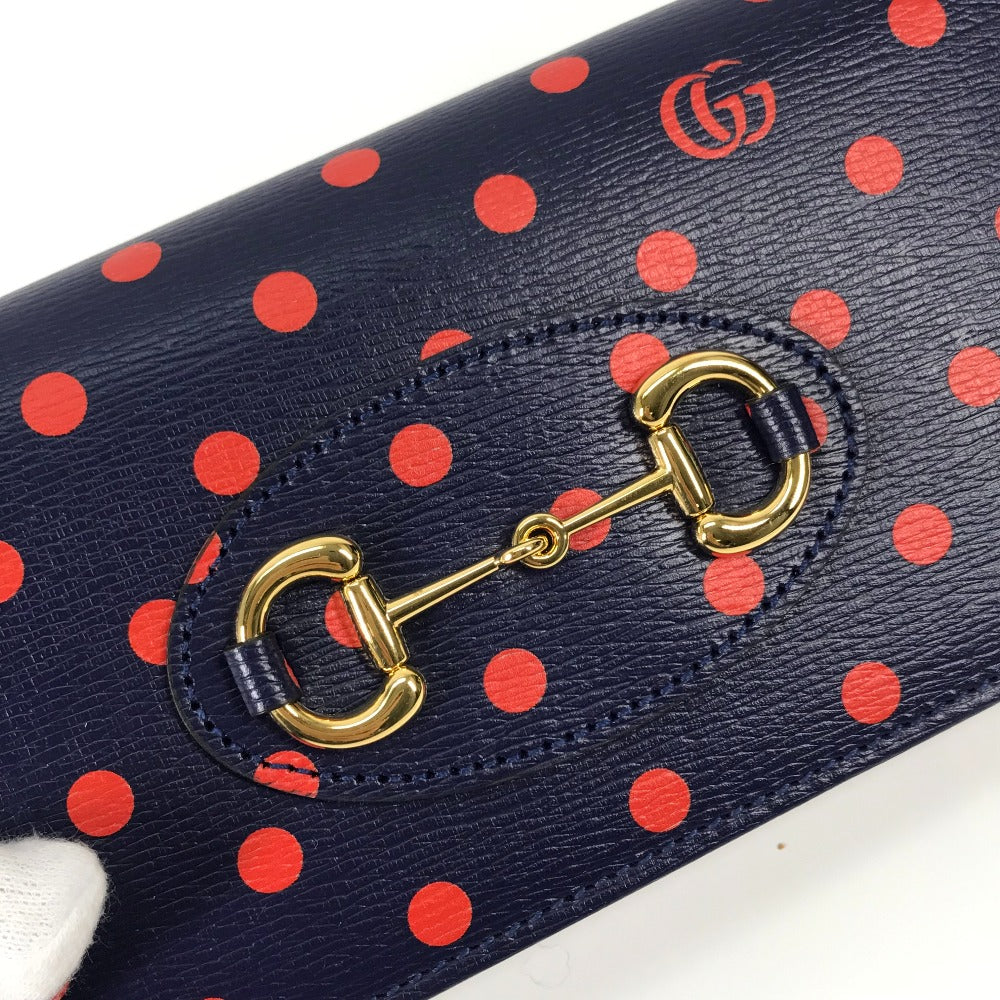 GUCCI Long Wallet Purse 621892 leather Navy x red Horsebit 1955 Dot Polka Dot Chain wallet Women Used