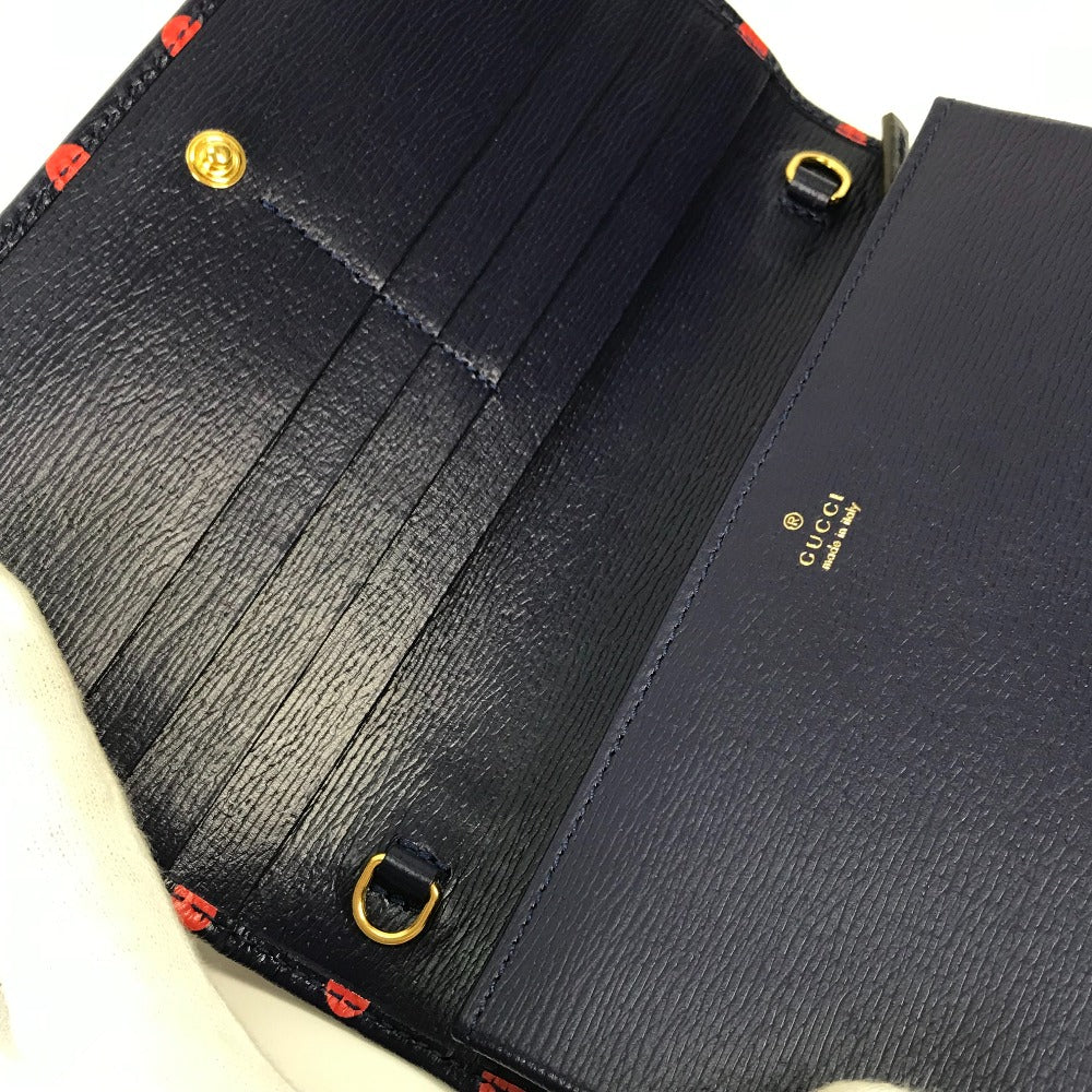 GUCCI Long Wallet Purse 621892 leather Navy x red Horsebit 1955 Dot Polka Dot Chain wallet Women Used