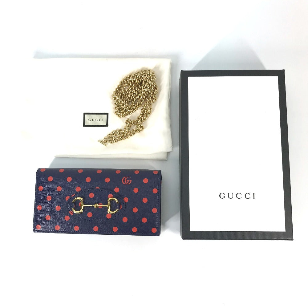 GUCCI Long Wallet Purse 621892 leather Navy x red Horsebit 1955 Dot Polka Dot Chain wallet Women Used