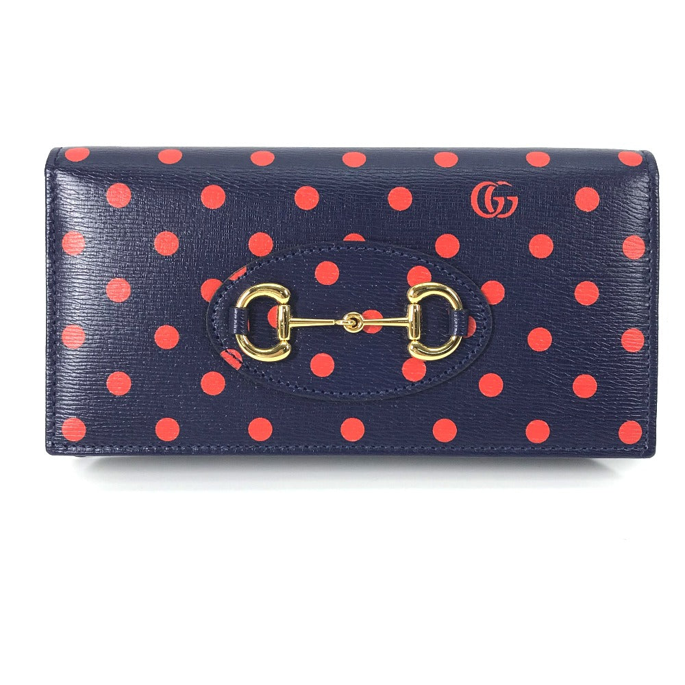 GUCCI Long Wallet Purse 621892 leather Navy x red Horsebit 1955 Dot Polka Dot Chain wallet Women Used