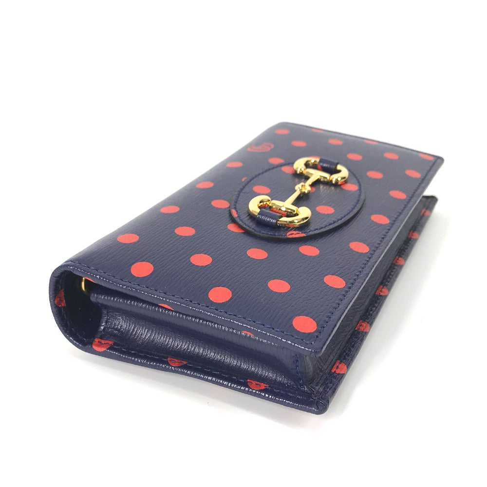 GUCCI Long Wallet Purse 621892 leather Navy x red Horsebit 1955 Dot Polka Dot Chain wallet Women Used