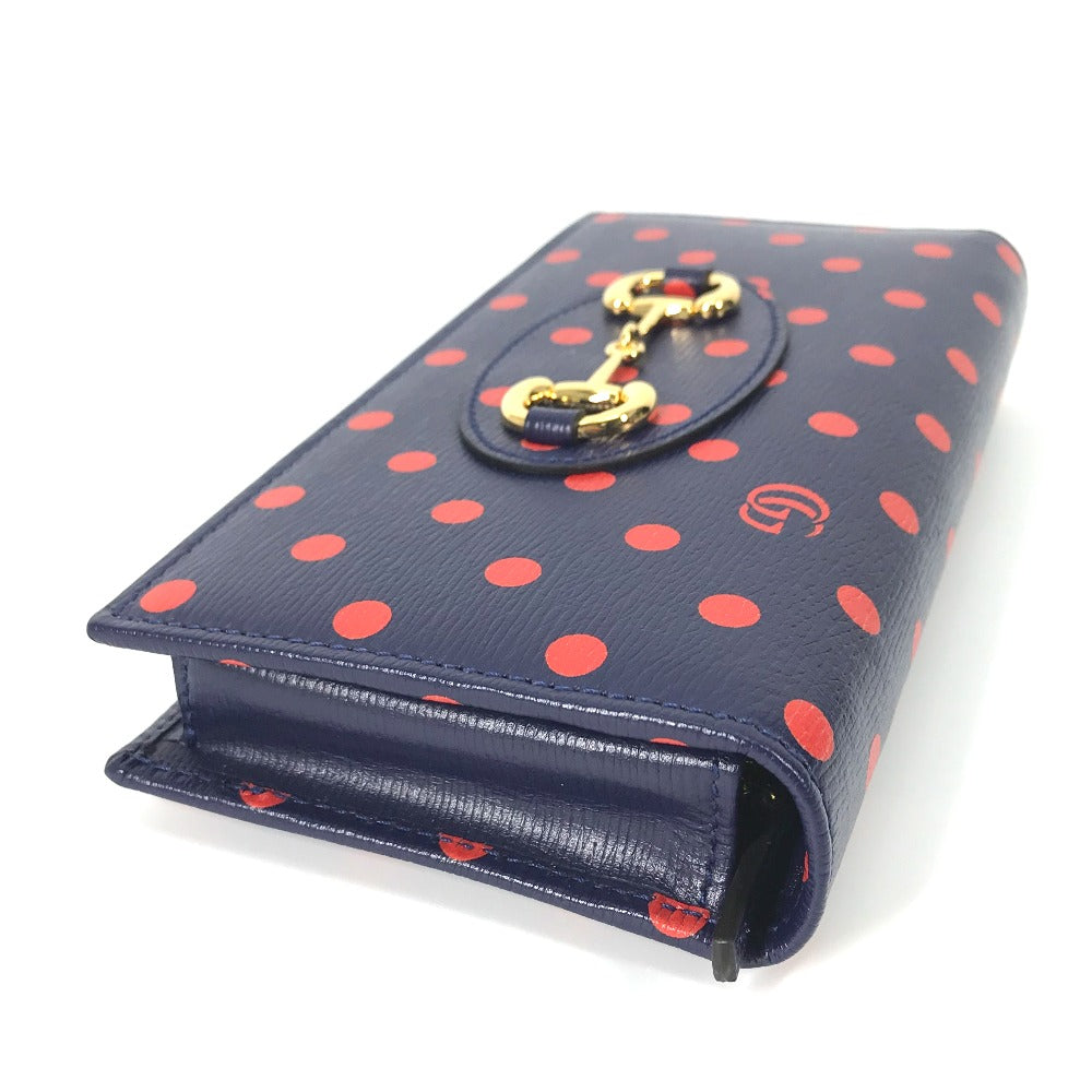 GUCCI Long Wallet Purse 621892 leather Navy x red Horsebit 1955 Dot Polka Dot Chain wallet Women Used