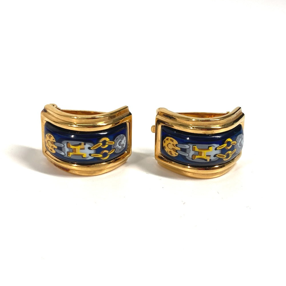 HERMES Earring Gold Plated Gold x Blue H pattern Cloisonn Emile Women Used