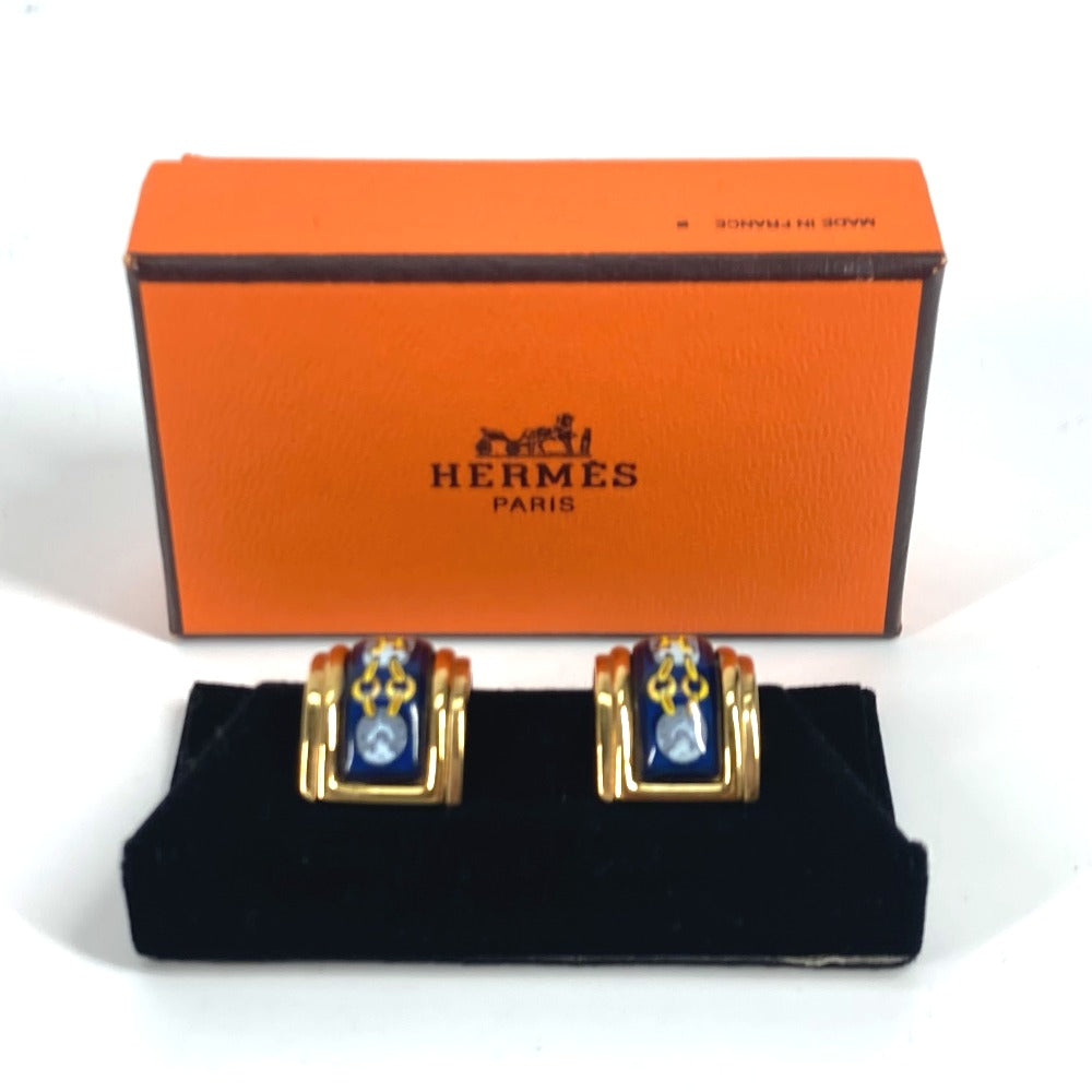 HERMES Earring Gold Plated Gold x Blue H pattern Cloisonn Emile Women Used