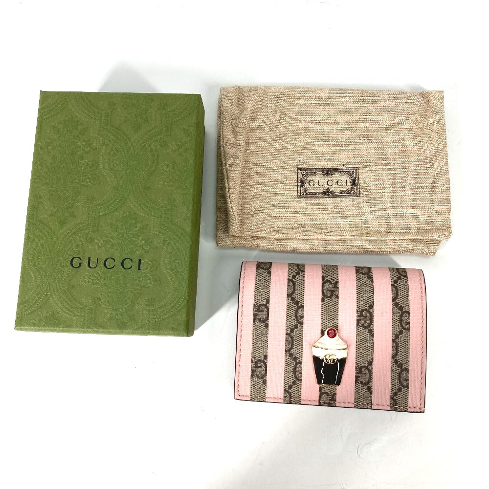 GUCCI Folded wallet 701489 GG Supreme Canvas Pink x Beige GG Supreme Stripe ice cream Women Used