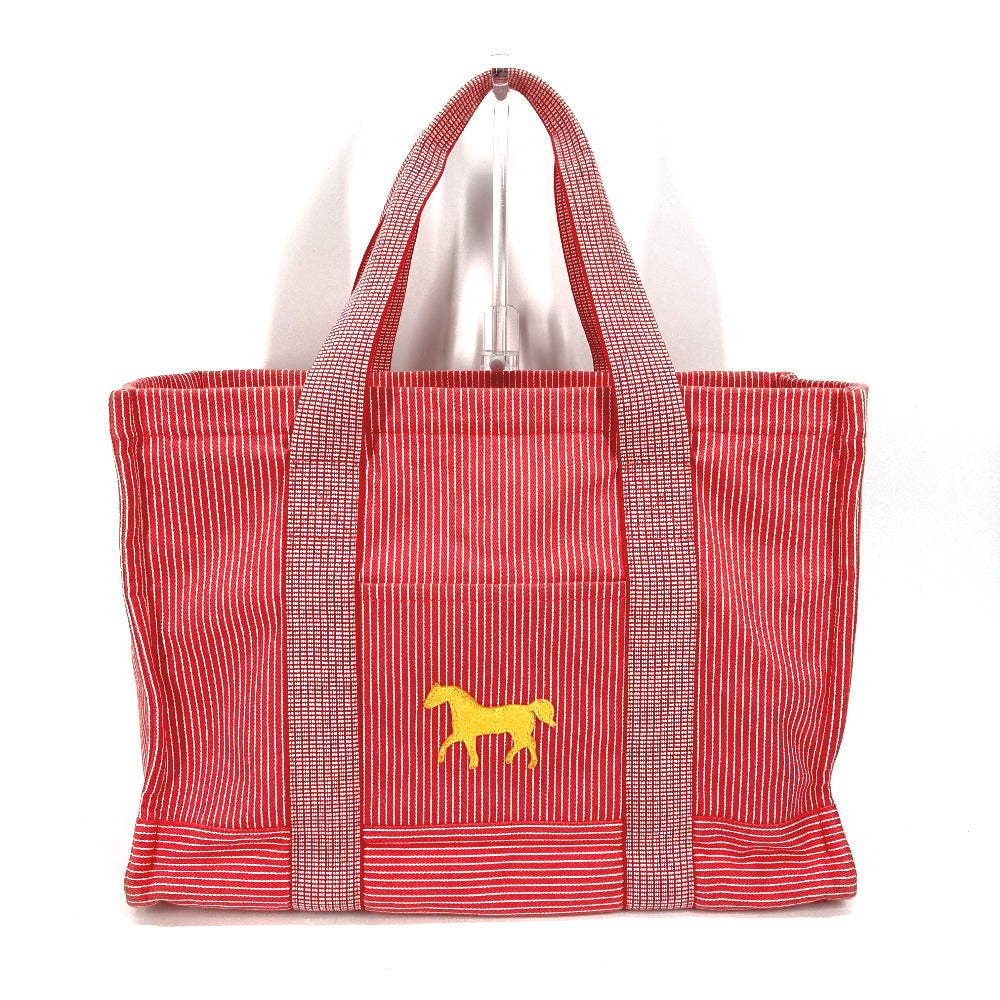 HERMES Tote Bag canvas Red Mothers bag Caval Horse Cheval Stripes Kids Used