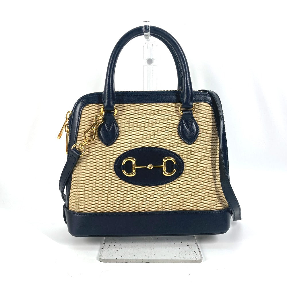 GUCCI Handbag 621220 Canvas leather beige x dark navy Horsebit 1955 Small top handle Women Used