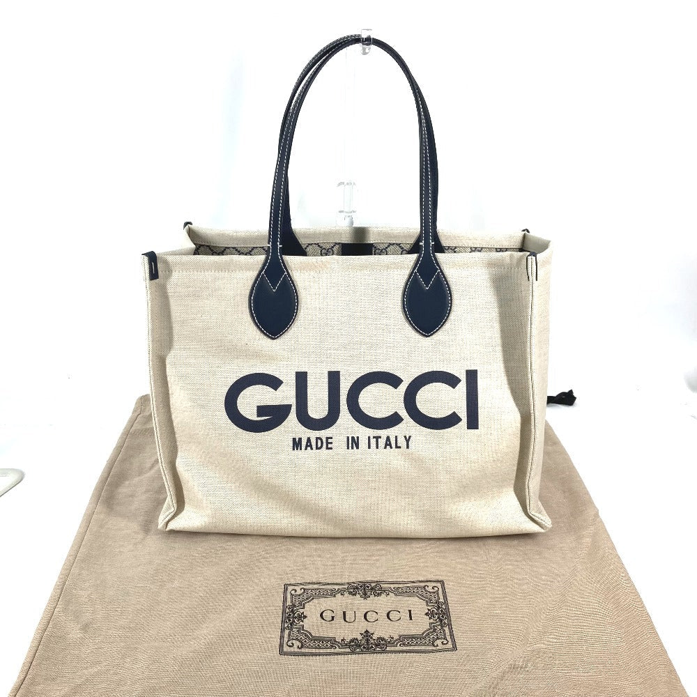 GUCCI Tote Bag 772176 Canvas leather Beige typex black Japan limited JAPAN logo print Women Used