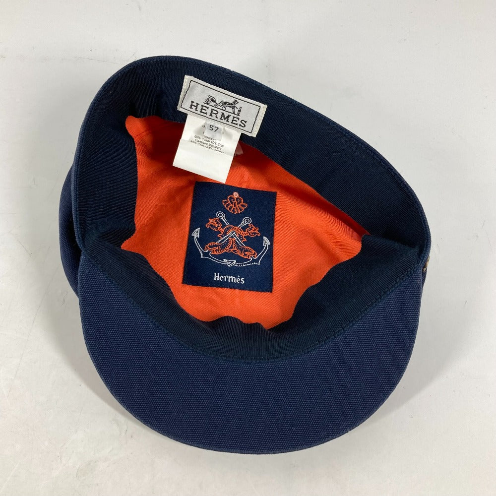 HERMES cap cotton Navy hat Kabul Serie Button Women 57 Used