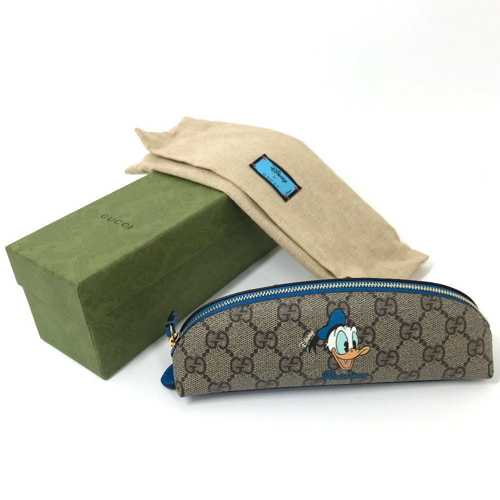 GUCCI pencil case 662129 GG canvas / leather Beige x blue Disney collaboration Donald duck