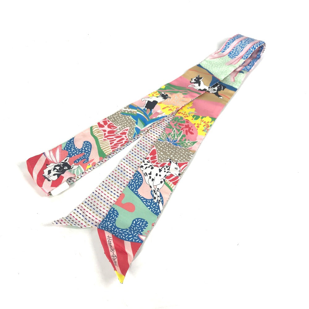 HERMES scarf silk multicolor Embroidery dog puppy dog Twilly Twins Women Used