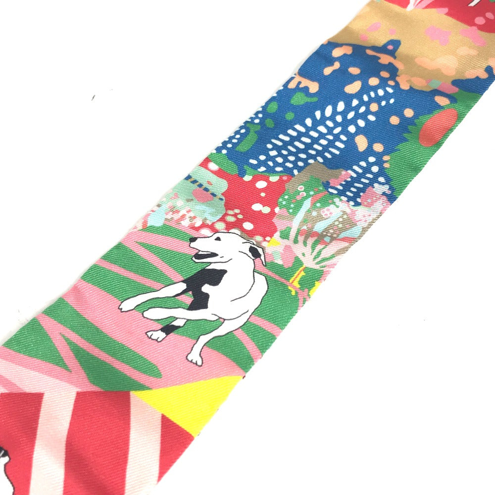 HERMES scarf silk multicolor Embroidery dog puppy dog Twilly Twins Women Used