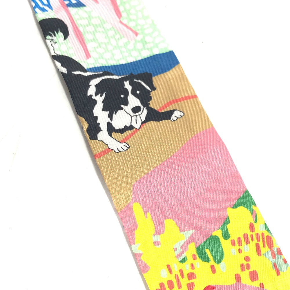 HERMES scarf silk multicolor Embroidery dog puppy dog Twilly Twins Women Used