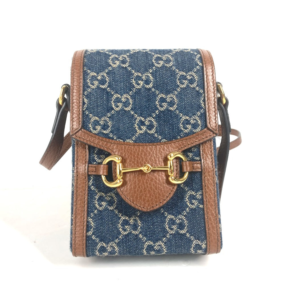 GUCCI Shoulder Bag 625615 Denim, Leather Blue x brown GG denim Horsebit 1955 mini bag Women Used