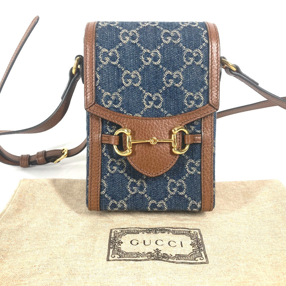 GUCCI Shoulder Bag 625615 Denim, Leather Blue x brown GG denim Horsebit 1955 mini bag Women Used