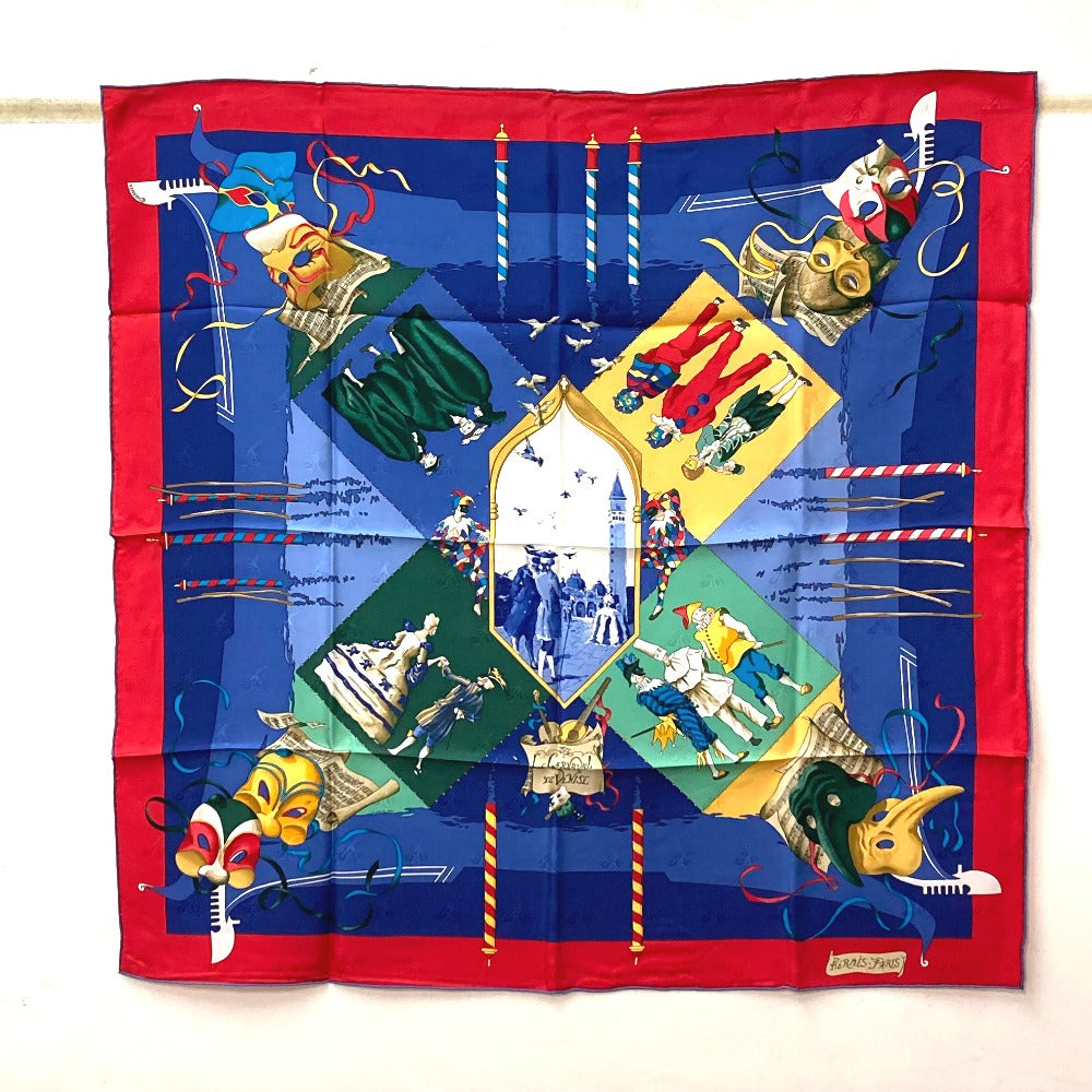 HERMES scarf silk Blue x red Venice Carnival CARNAVAL DE VENISE Women Used