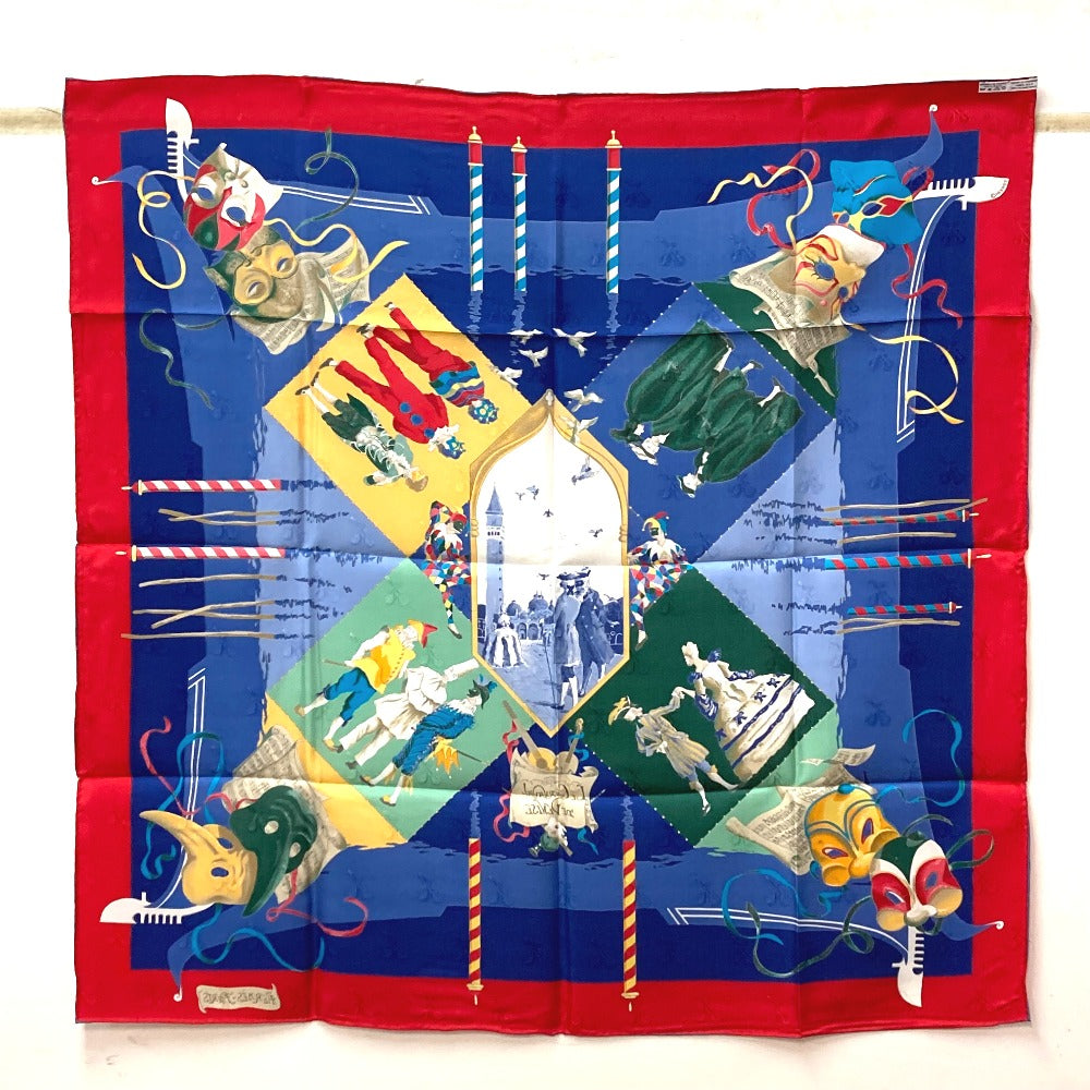 HERMES scarf silk Blue x red Venice Carnival CARNAVAL DE VENISE Women Used