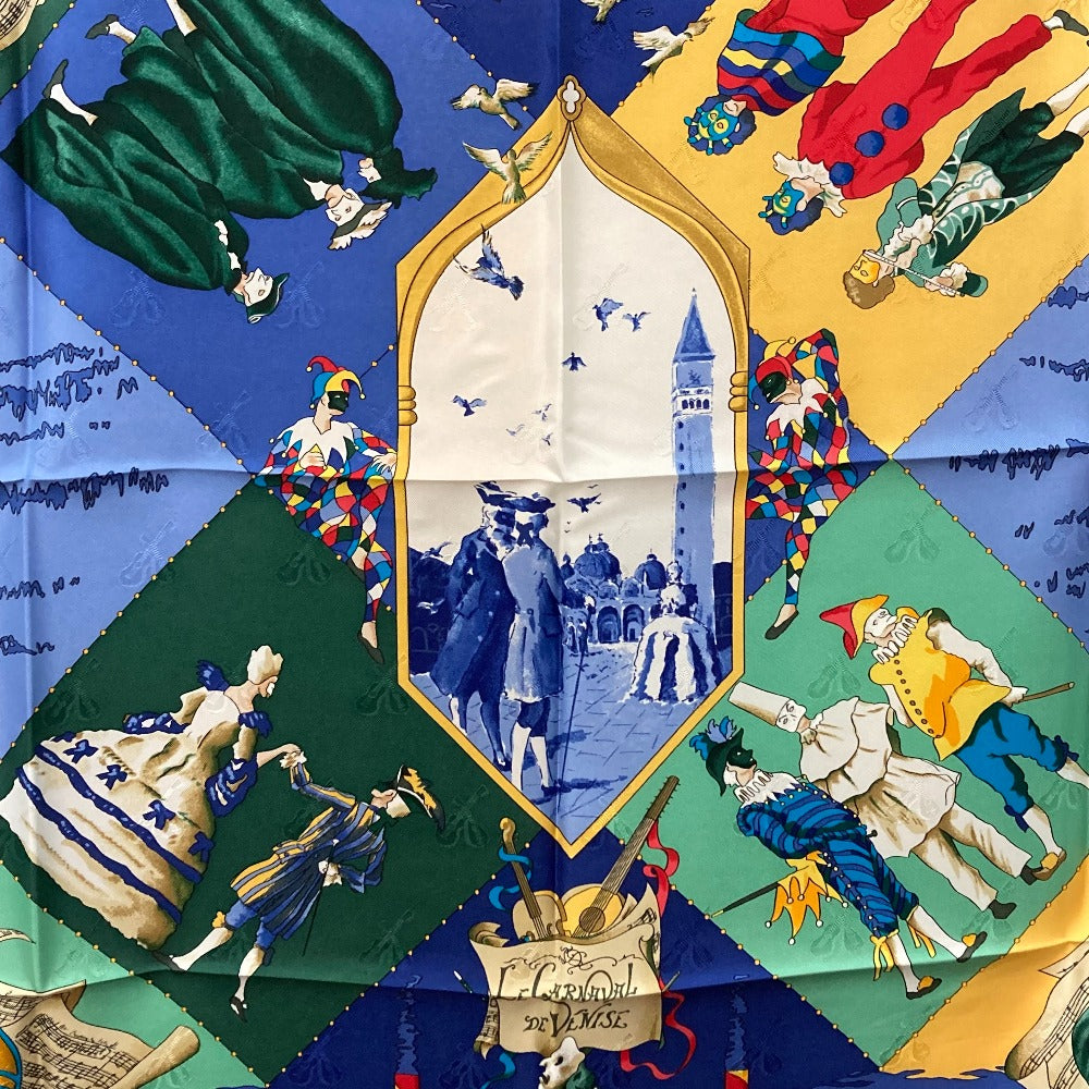 HERMES scarf silk Blue x red Venice Carnival CARNAVAL DE VENISE Women Used