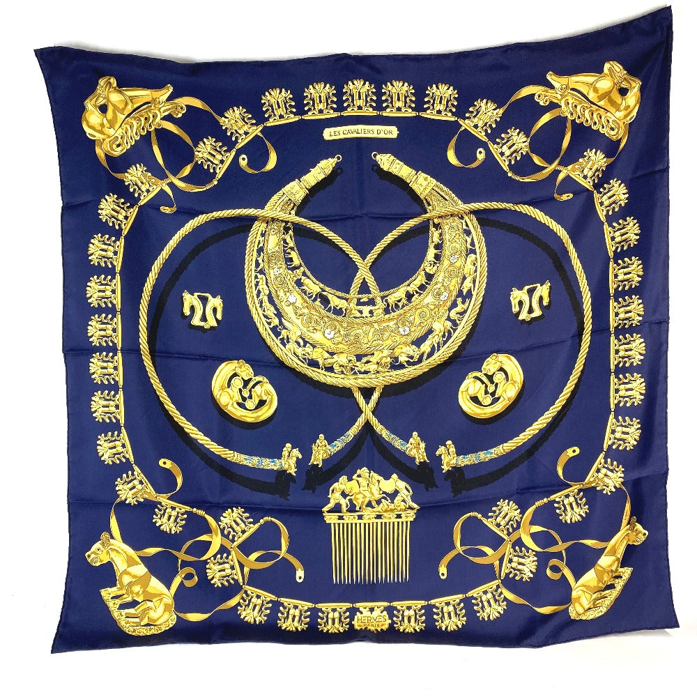 HERMES scarf silk Navy x gold LES CAVALIERS D'OR Golden knight Women Used