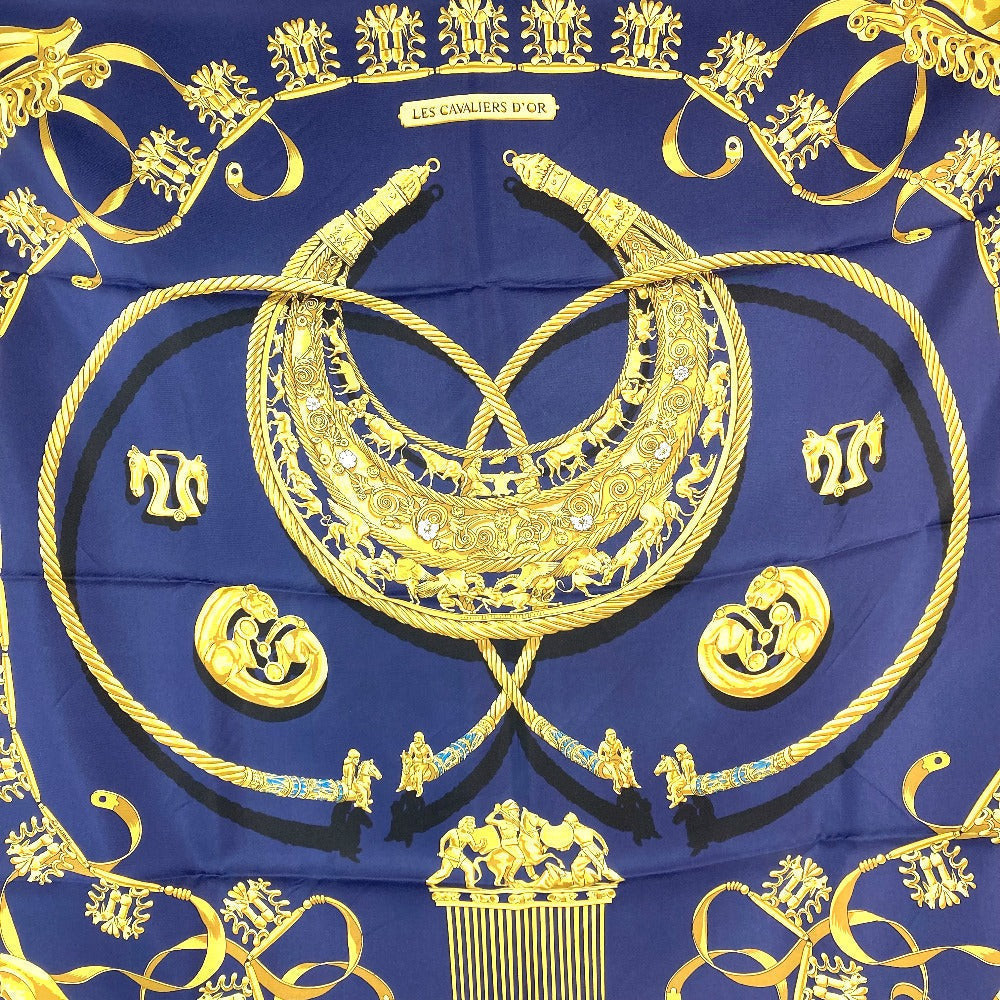 HERMES scarf silk Navy x gold LES CAVALIERS D'OR Golden knight Women Used