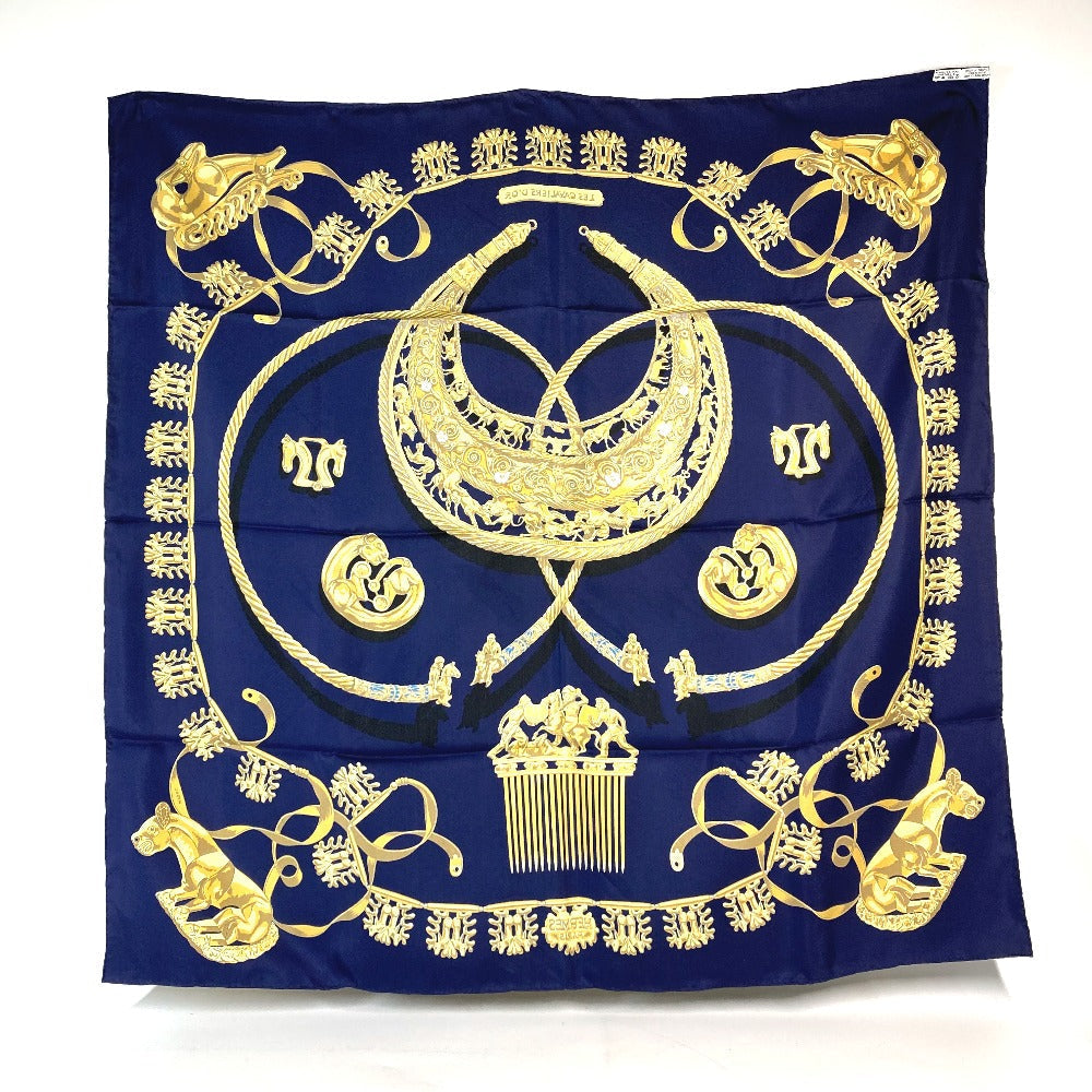 HERMES scarf silk Navy x gold LES CAVALIERS D'OR Golden knight Women Used