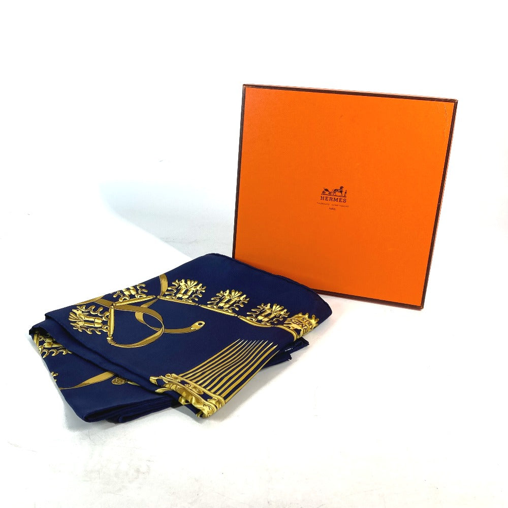 HERMES scarf silk Navy x gold LES CAVALIERS D'OR Golden knight Women Used