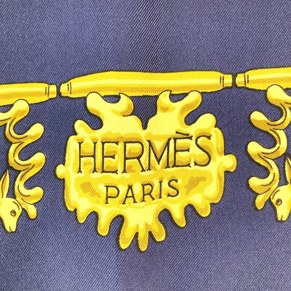 HERMES scarf silk Navy x gold LES CAVALIERS D'OR Golden knight Women Used