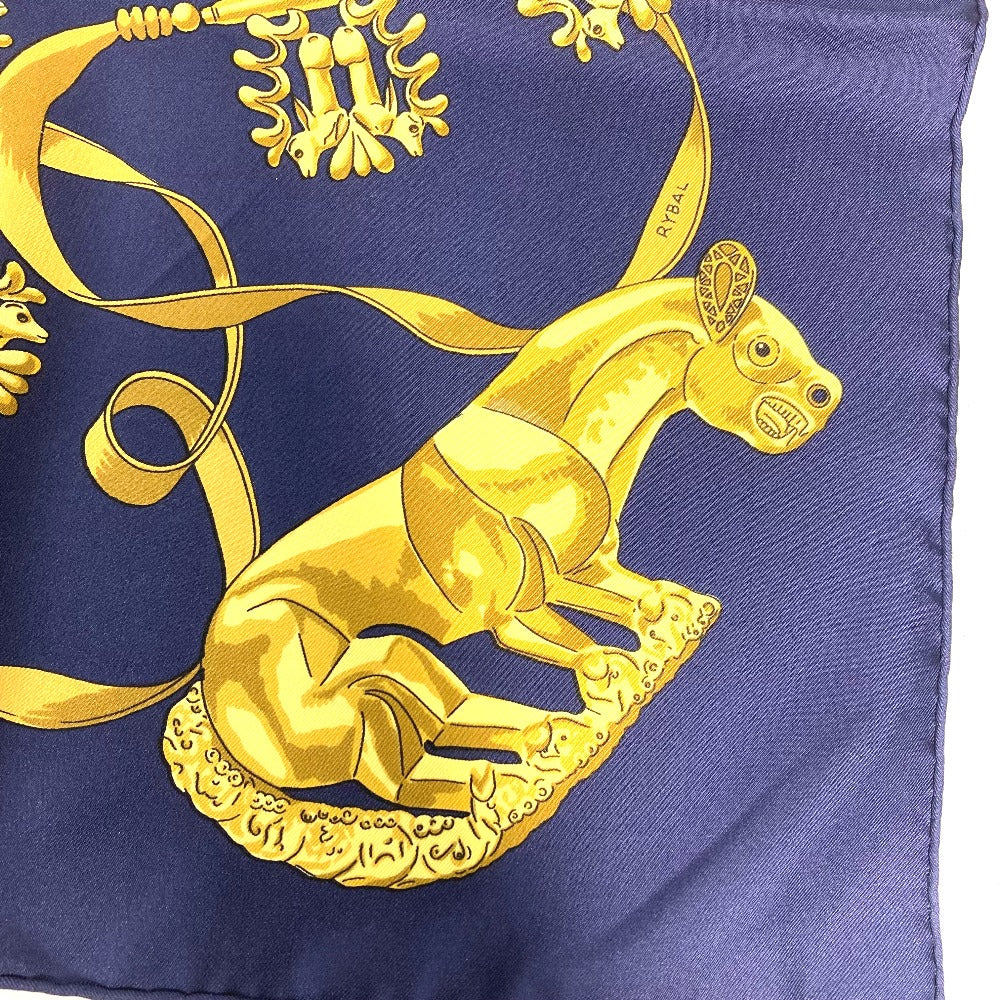 HERMES scarf silk Navy x gold LES CAVALIERS D'OR Golden knight Women Used