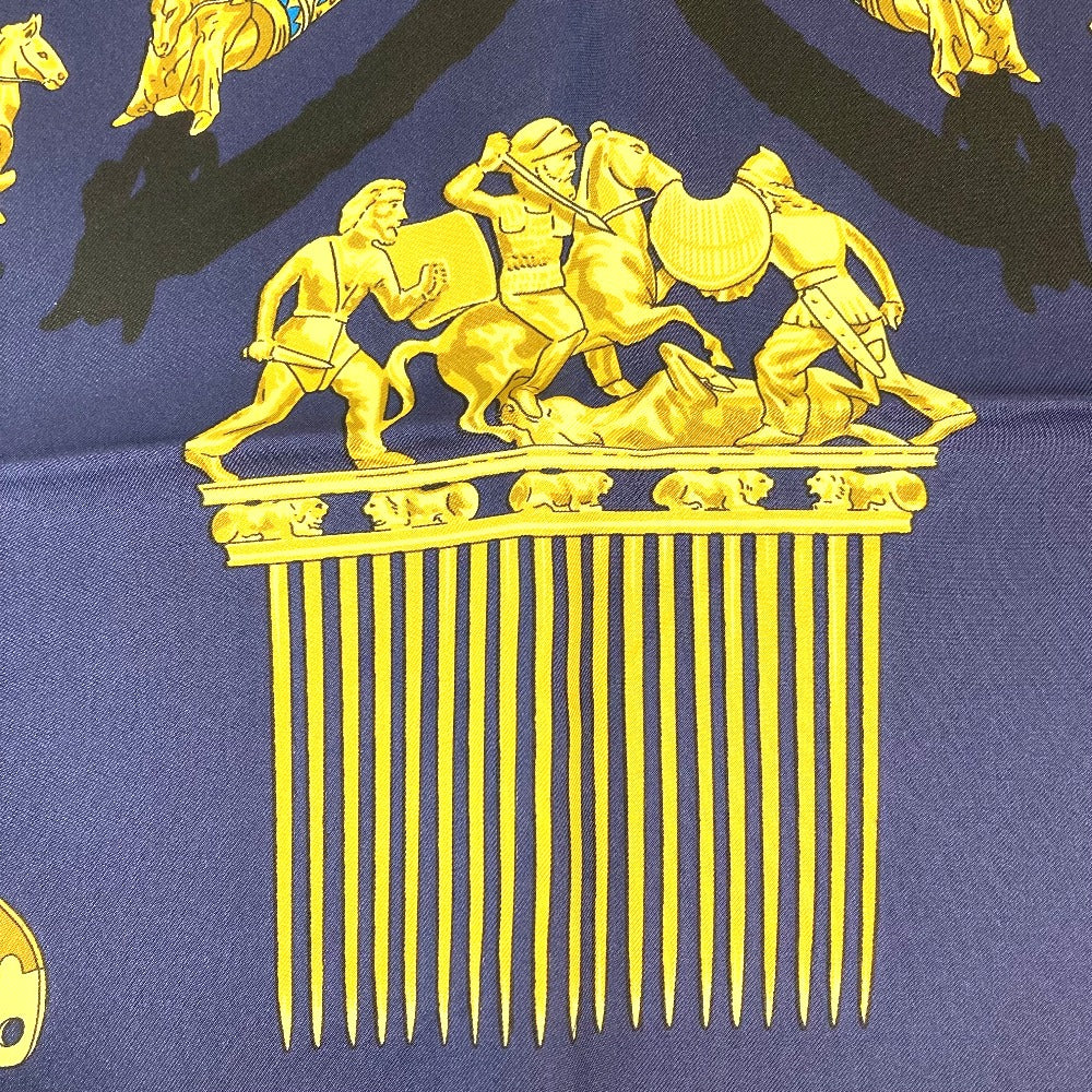 HERMES scarf silk Navy x gold LES CAVALIERS D'OR Golden knight Women Used