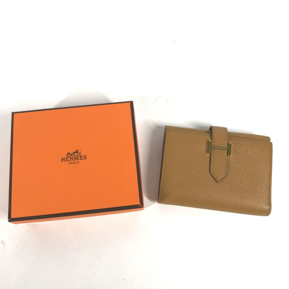 HERMES Trifold wallet Epsom Brown x light blue H logo bicolor Bean combine