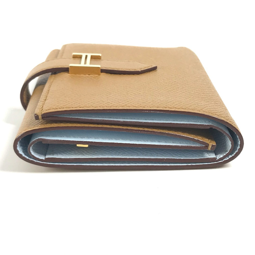 HERMES Trifold wallet Epsom Brown x light blue H logo bicolor Bean combine