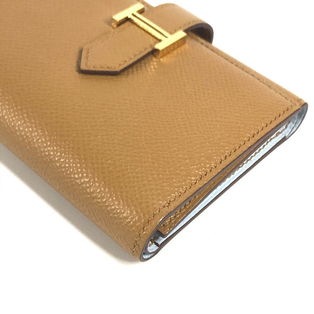 HERMES Trifold wallet Epsom Brown x light blue H logo bicolor Bean combine