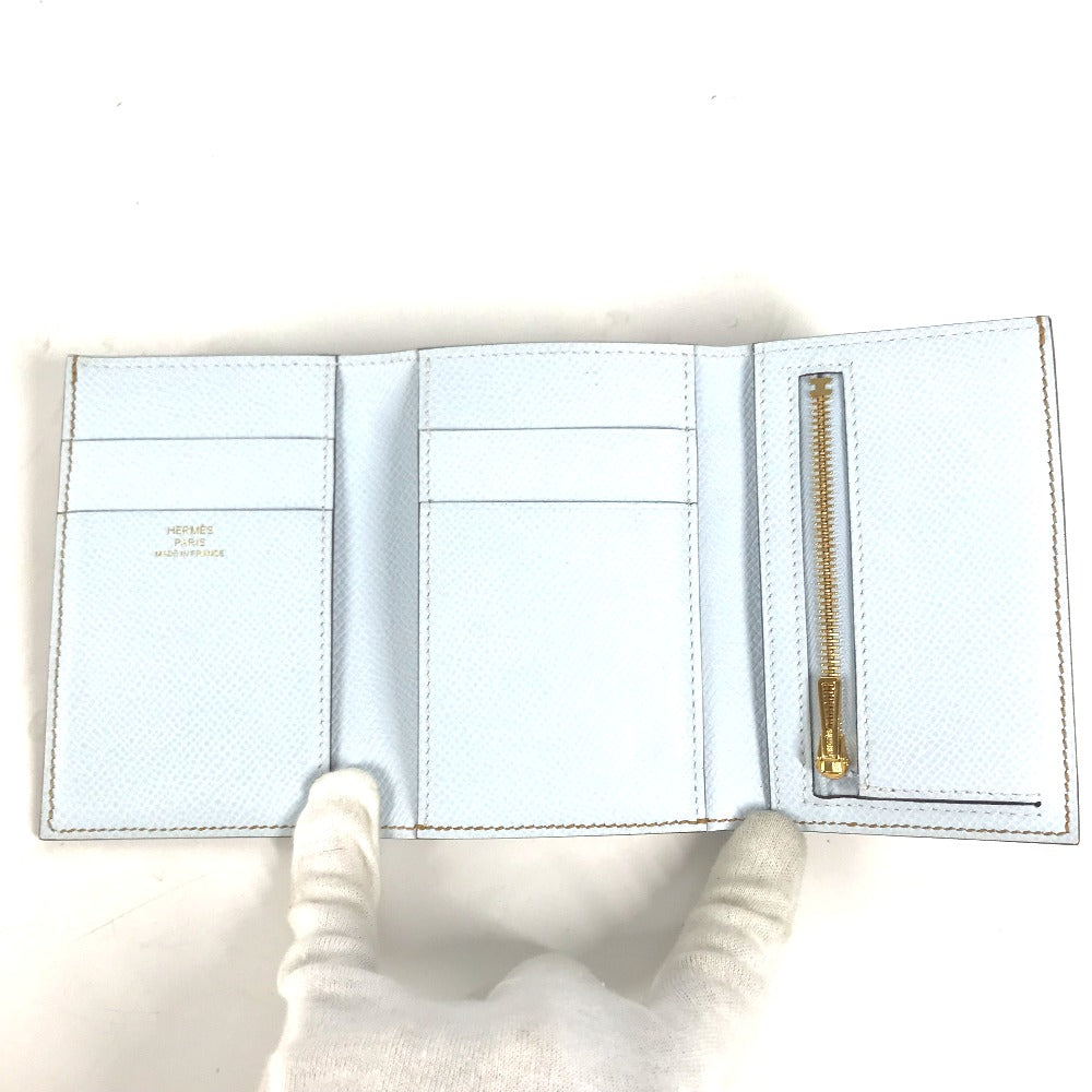 HERMES Trifold wallet Epsom Brown x light blue H logo bicolor Bean combine