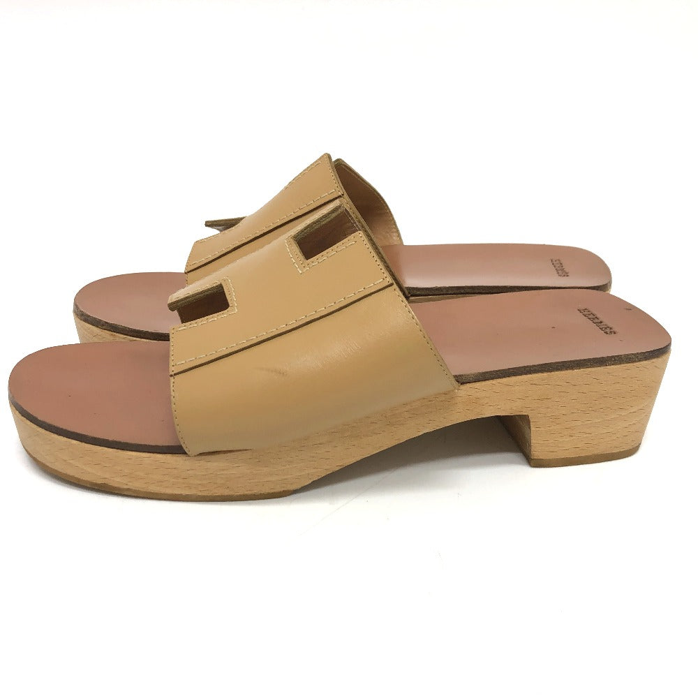 HERMES Sandals Leather / Wood beige H logo Kevral Women 38 Used