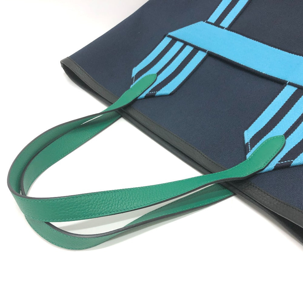 HERMES Tote Bag Toile Militaire, Taurillon Clemence Navy x Blue x Green Pure Sangle Women Used