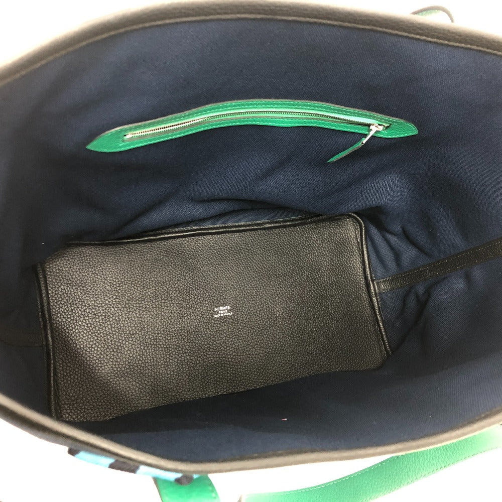 HERMES Tote Bag Toile Militaire, Taurillon Clemence Navy x Blue x Green Pure Sangle Women Used