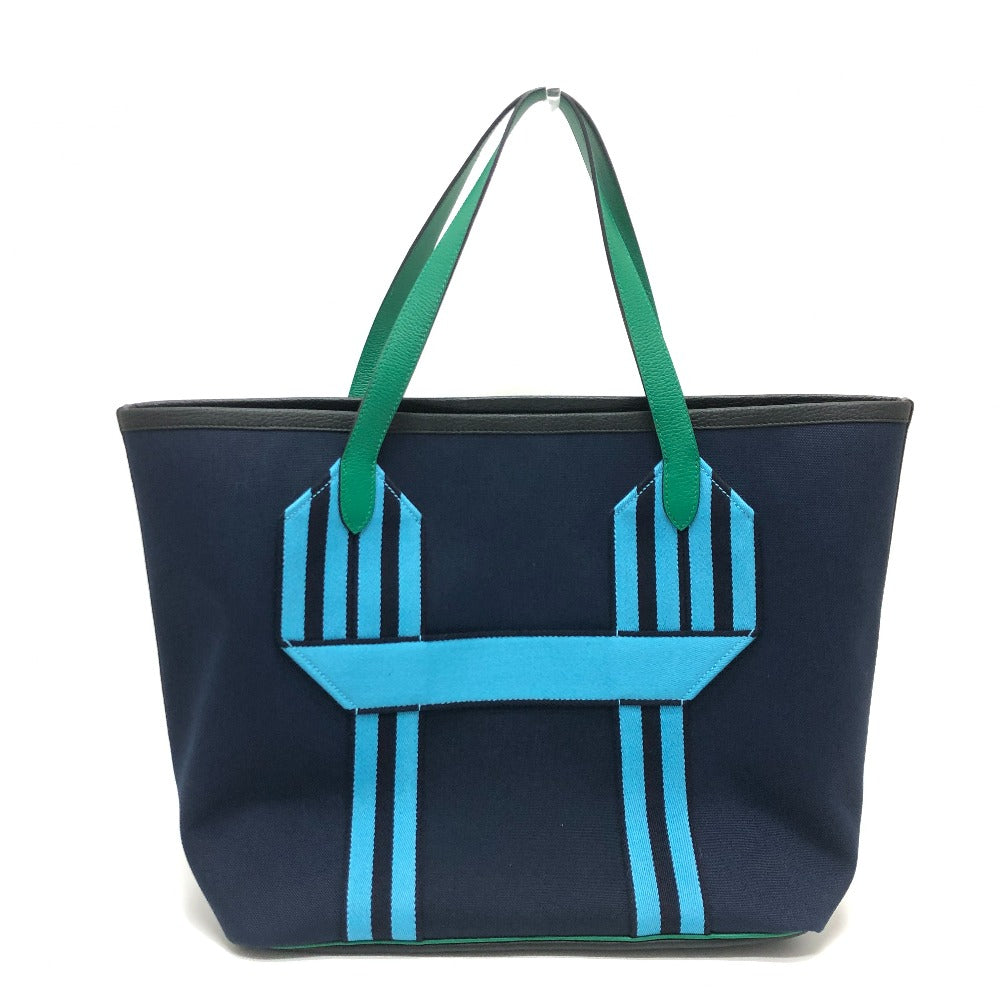 HERMES Tote Bag Toile Militaire, Taurillon Clemence Navy x Blue x Green Pure Sangle Women Used