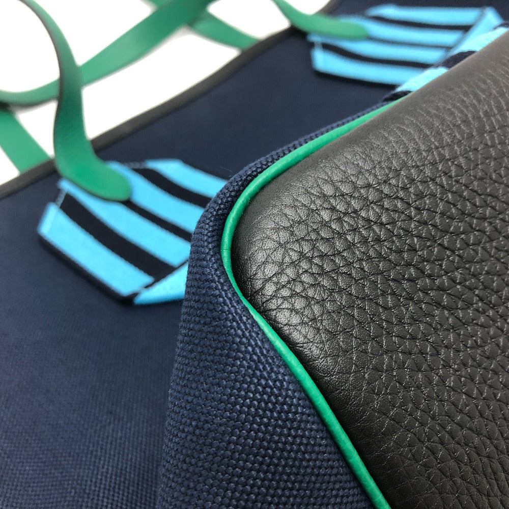 HERMES Tote Bag Toile Militaire, Taurillon Clemence Navy x Blue x Green Pure Sangle Women Used