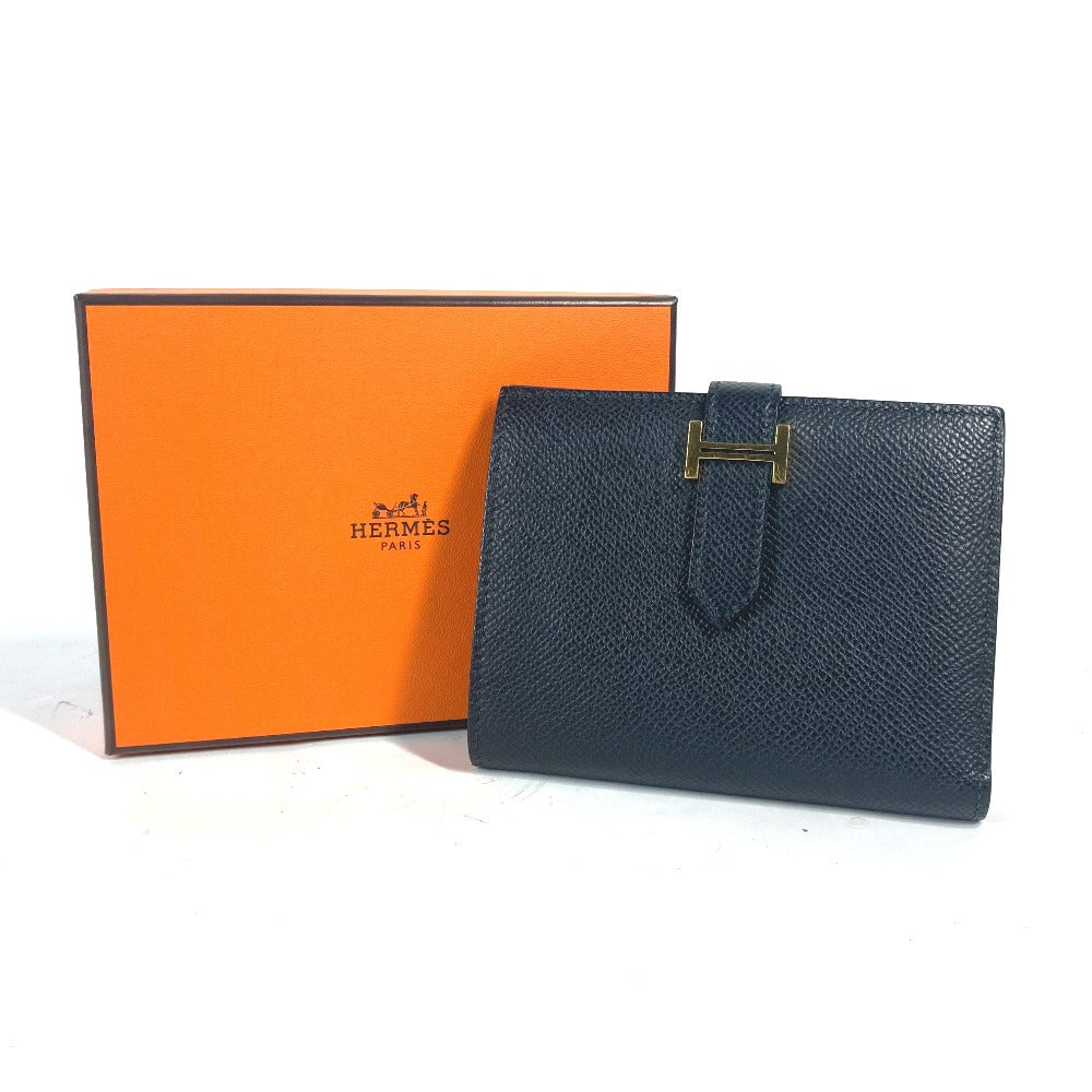 HERMES Folded wallet Epsom black H logo BEAN Compact Women Used
