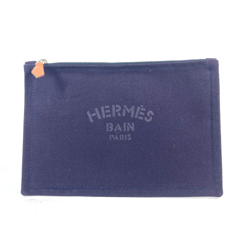 HERMES Pouch cotton Navy logo flat Yachting PM unisex(Unisex) Used