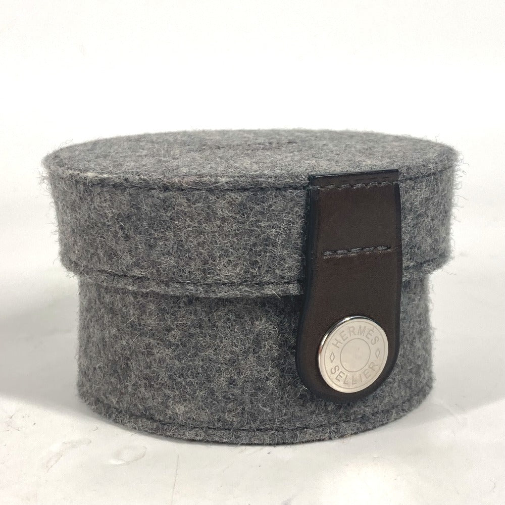 HERMES Pouch felt gray Pouch Round Accessory Box logo sugar box