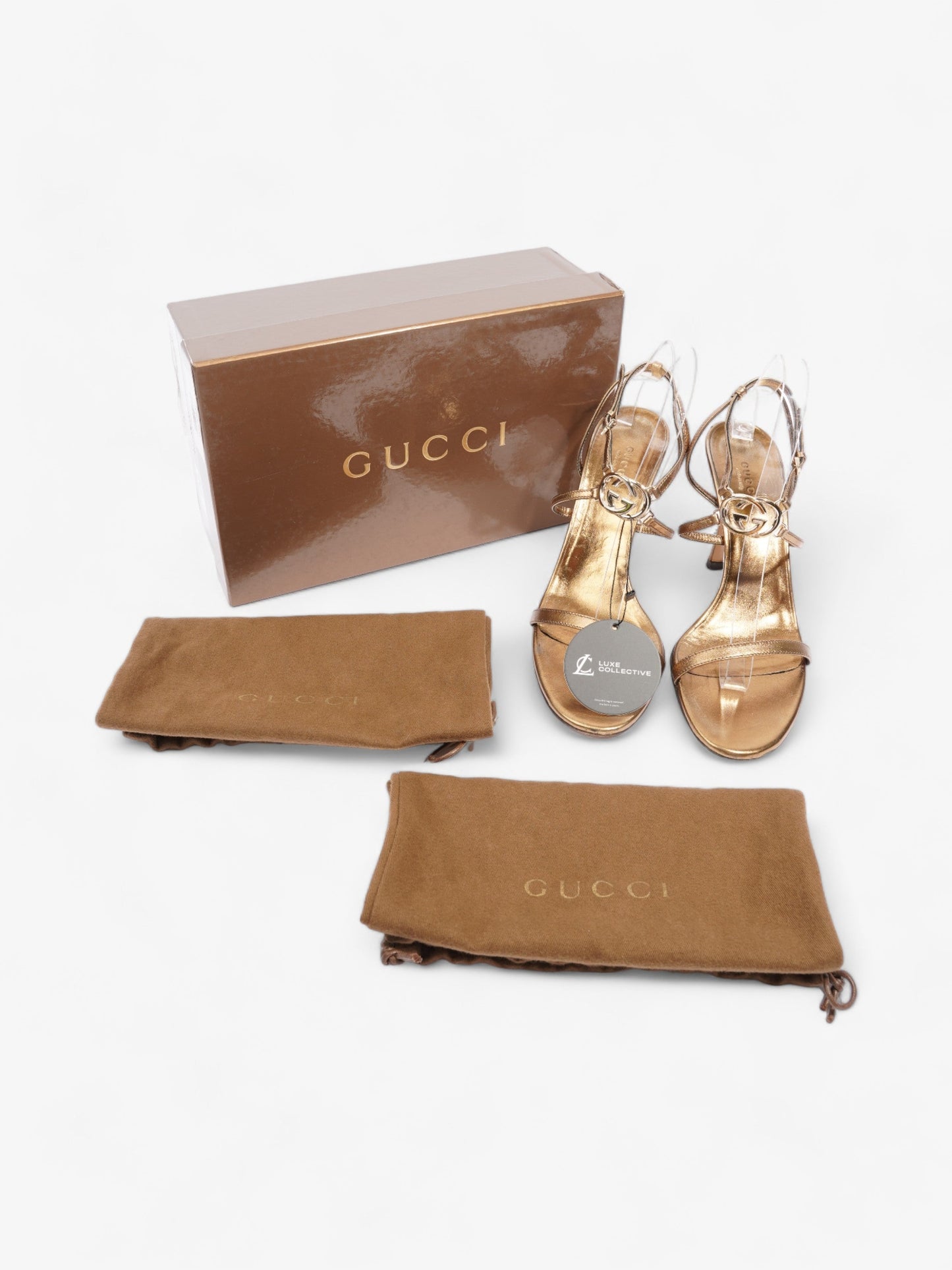 Gucci GG Logo Strappy Open Toe 80mm Gold Leather EU 38.5 UK 5.5